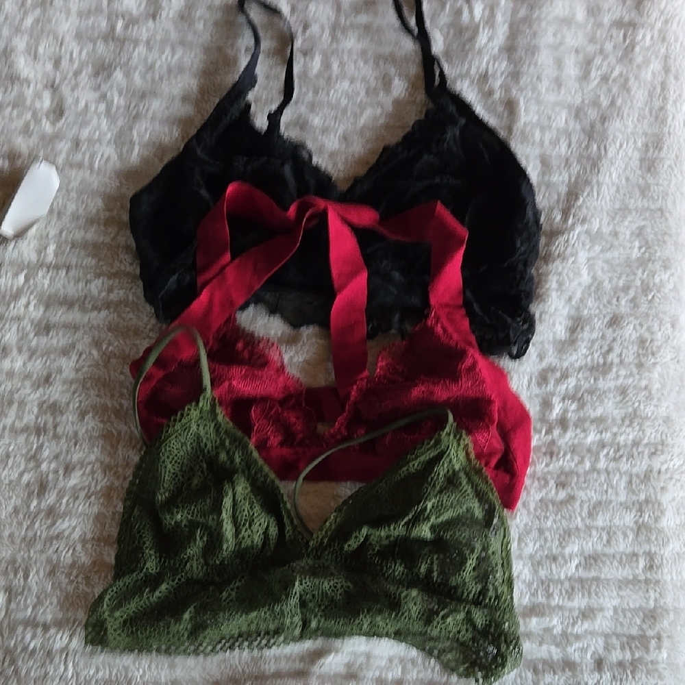 Lace Bralette Set - Black, Red, and Green
